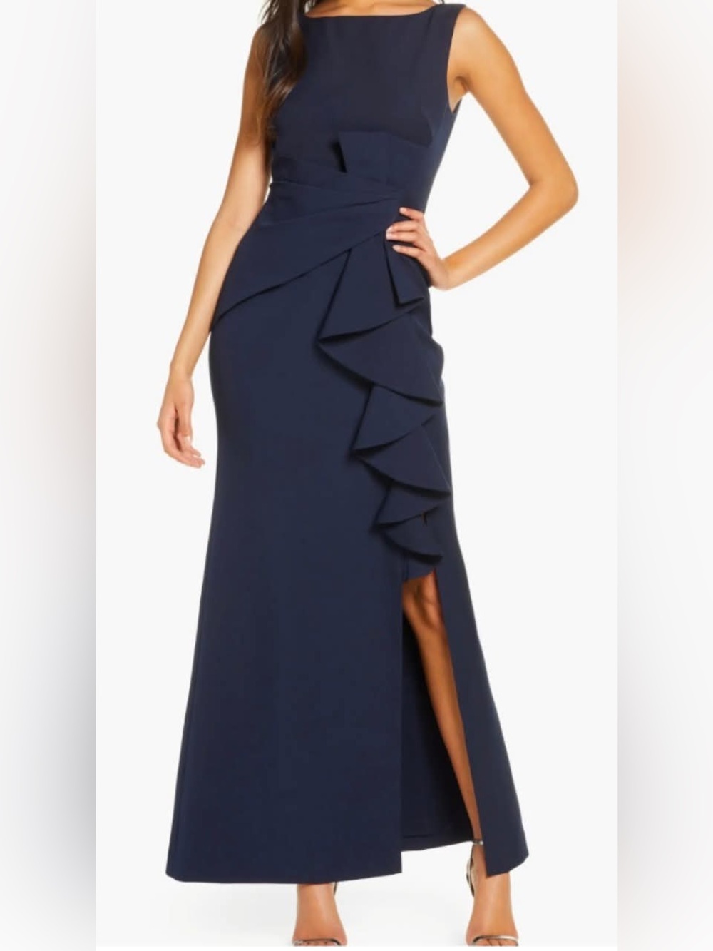 NWT ELIZA J Ruffle Front GOWN DRESS SIZE 6 $188 NAVY NORDSTROM